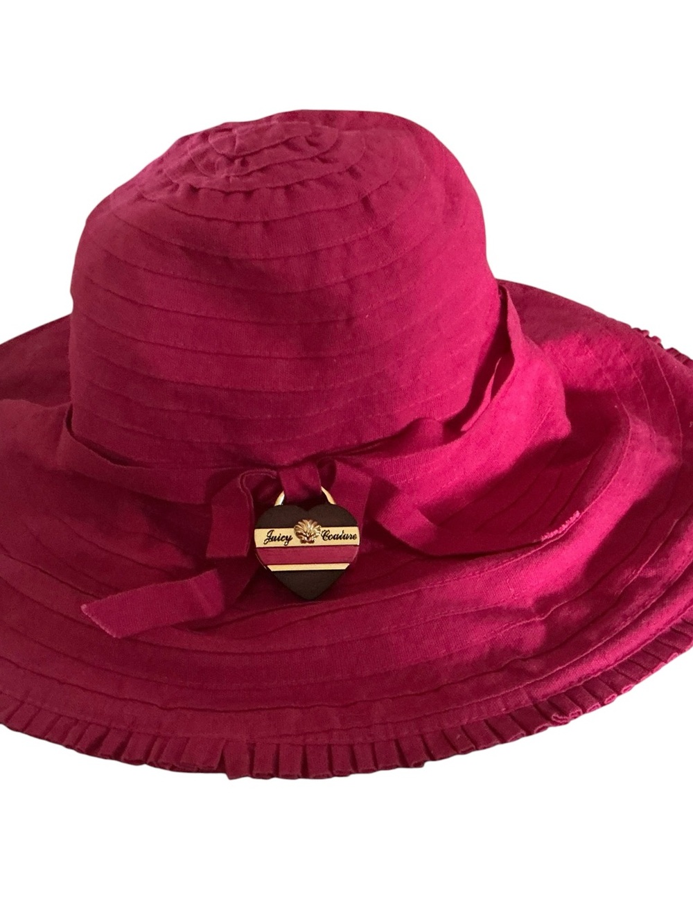 Juicy Couture Hot Pink Wide Brim Ribbon Sun Hat with Heart Charm